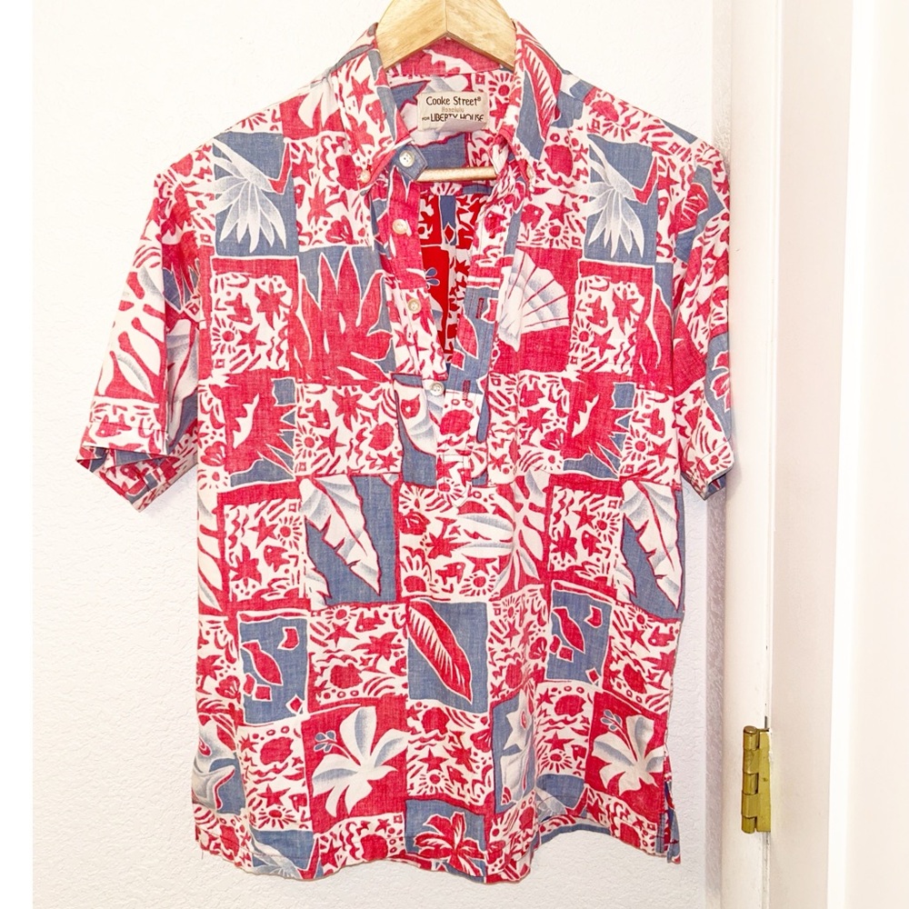 VINTAGE Liberty House 💯 Cotton 3/4 Button Down Hawaiian shirt Soft Red SZ: S